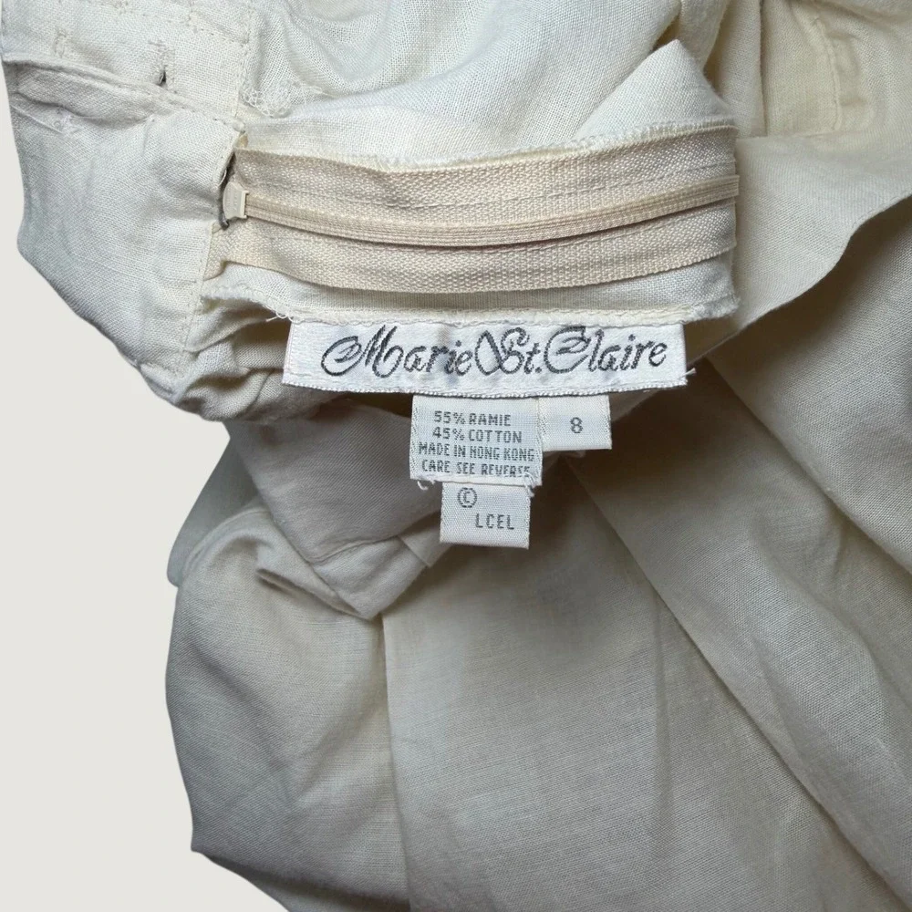 Marie St Claire Vintage Cream Ramie Cotton Midi Skirt Scallop Embroidered size 2